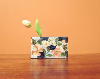 Floral Ceramic Flower Frog Vase, Vintage Hand Painted Flower Brick, Made in Thailand