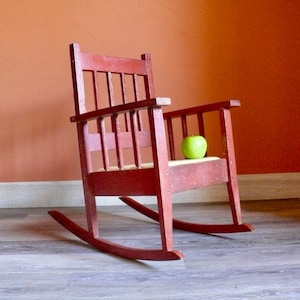 Old Handmade Solid Wood Child&#39;s Rocking Chair, Vintage Distressed Red Painted Mission Style Chair, Rustic Nursery Decor