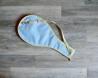 Blue Gingham Tennis Racket Cover, Vintage 80s Preppy Racquet Case with Shoulder Strap