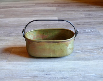 Vintage Brass Planter Tub with Handle, Rustic Oval Cachepot, Farmhouse Decor