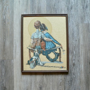 Vintage Norman Rockwell The Little Spooners Paint By Number Oil Painting, 20&quot; Sunset Saturday Evening Post Cover, Farmhouse Gallery Wall Art