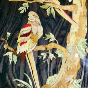 K&ouml;nnte beinhalten: Intricate Holzmarqueterie-Kunstwerk mit zwei V&ouml;geln, die auf einem Ast sitzen. Die V&ouml;gel sind in Gelb-, Rot- und Braunt&ouml;nen dargestellt, mit detaillierten Federmustern. Der Ast ist aus verschiedenen Holzarten gefertigt, was eine realistische Textur erzeugt.