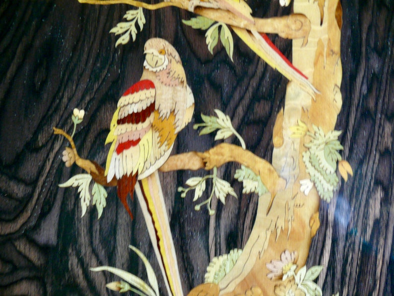 K&ouml;nnte beinhalten: Intricate Holzmarqueterie-Kunstwerk mit zwei V&ouml;geln, die auf einem Ast sitzen. Die V&ouml;gel sind in Gelb-, Rot- und Braunt&ouml;nen dargestellt, mit detaillierten Federmustern. Der Ast ist aus verschiedenen Holzarten gefertigt, was eine realistische Textur erzeugt.