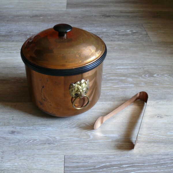 CopperCraft Guild Lidded Ice Bucket with Tongs and Brass Lions Head Ring Handles, Vintage Copper Brass Cocktail Party Barware