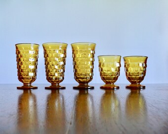 Vintage Amber Stacked Cube Glasses, 5 Assorted Whitehall Fostoria Footed Tumblers and Juice Glasses, Amber Glass Country Farmhouse Drinkware