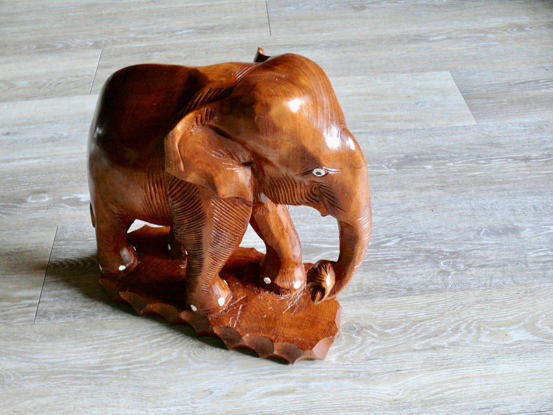 Large Carved Teak Wood Elephant Statue Vintage 12 Solid Etsy