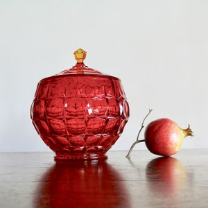 Tiara Constellation Sunset Cookie Jar, Vintage 8&quot; Amberina Indiana Glass Large Lidded Block Panel Candy Jar, Red Orange Glass Wedding Decor