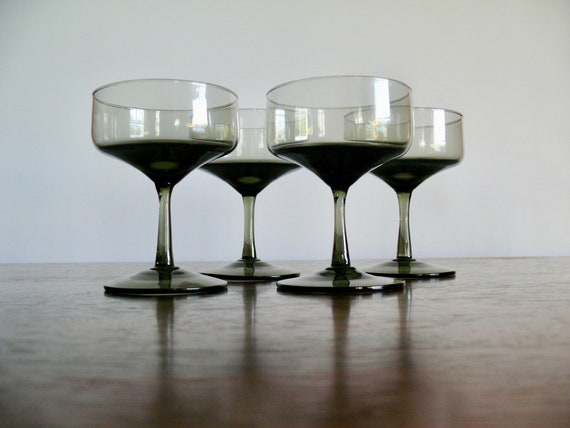 4 Smoke Gray Crystal Champagne Coupes, Danish Modern Square Bowl Cocktail  Glasses, Vintage Formal Dining Barware, Wedding Toast Stemware 