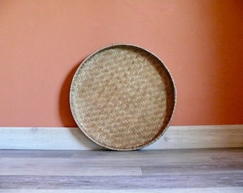 Large Woven Rattan Winnowing Basket, Vintage Boho Wall Decor