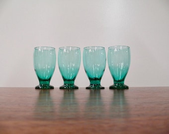 Vintage Teal Glass Footed Pedestal Tumblers, Set of Four, Aqua Green Barware
