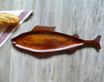 Hand Carved Wood Fish Shaped Tray, Vintage 22" Wood Serving Tray Made in Haiti, Catch-All Tray Trinket Dish, Wood Artisan Fish Wall Decor
