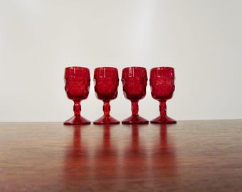 Viking Georgian Ruby Red Wine Glasses, Set of Four, Vintage Honeycomb Glass Stemware