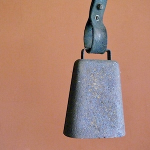 Primitive Metal Cowbell, Vintage Farmhouse Dinner Bell with Weathered Leather Strap