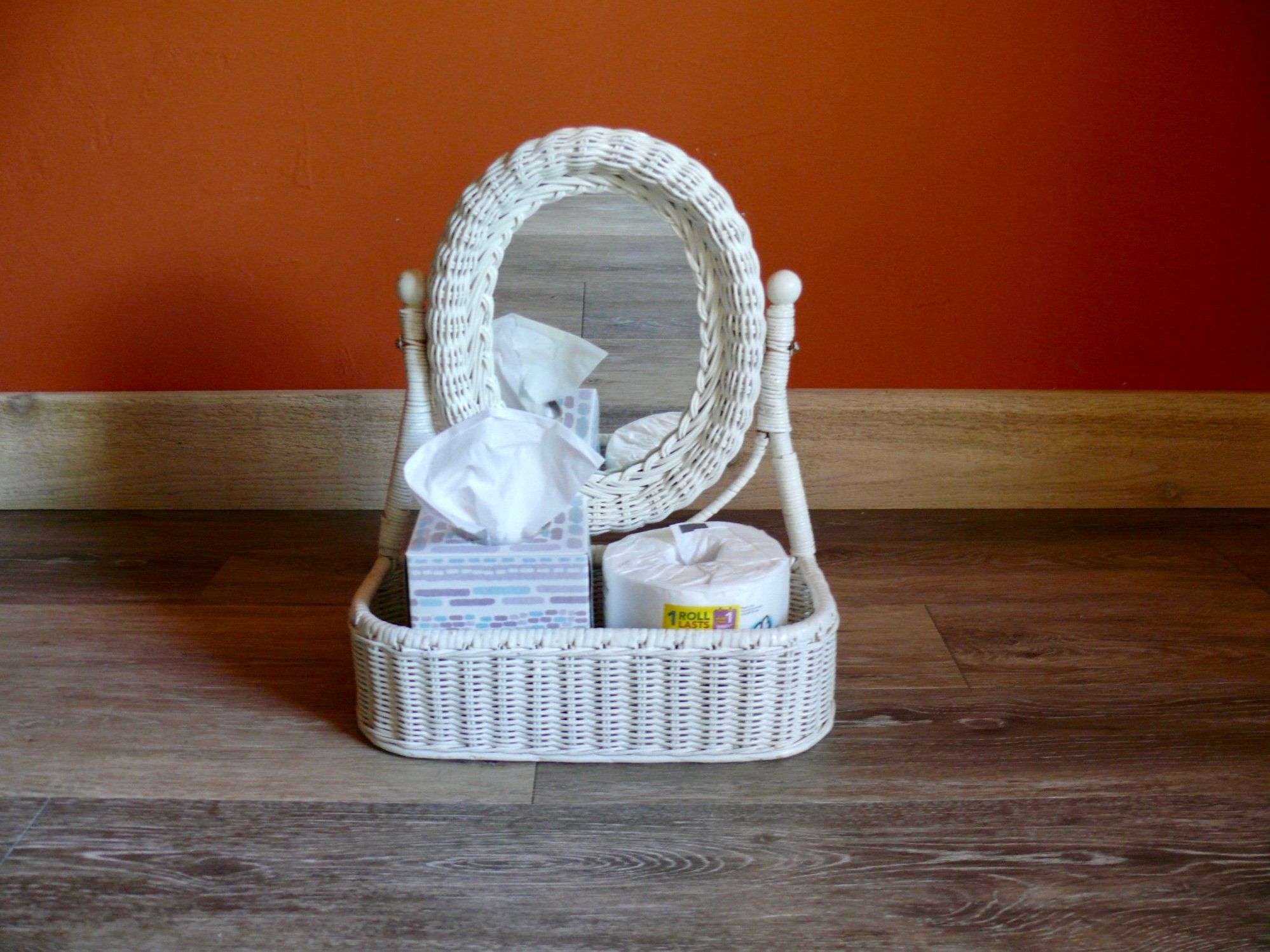 White Wicker Vanity Basket with Arched Mirror Vintage Etsy