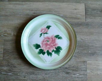 Large Floral Enamel Tray, Vintage Pink Peony Serving Platter, Cottage Kitchen Decor