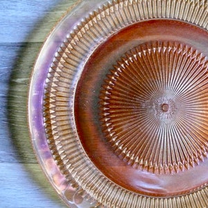 Jeannette Anniversary Marigold Sandwich Plate, Vintage Iridescent Carnival Glass Serving Platter Cake Plate