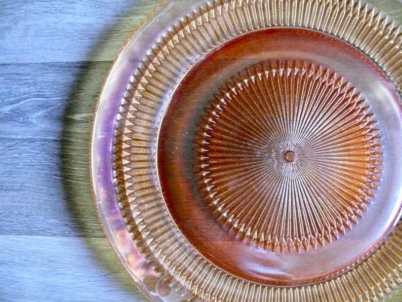Jeannette Anniversary Marigold Sandwich Plate, Vintage Iridescent Carnival Glass Serving Platter Cake Plate