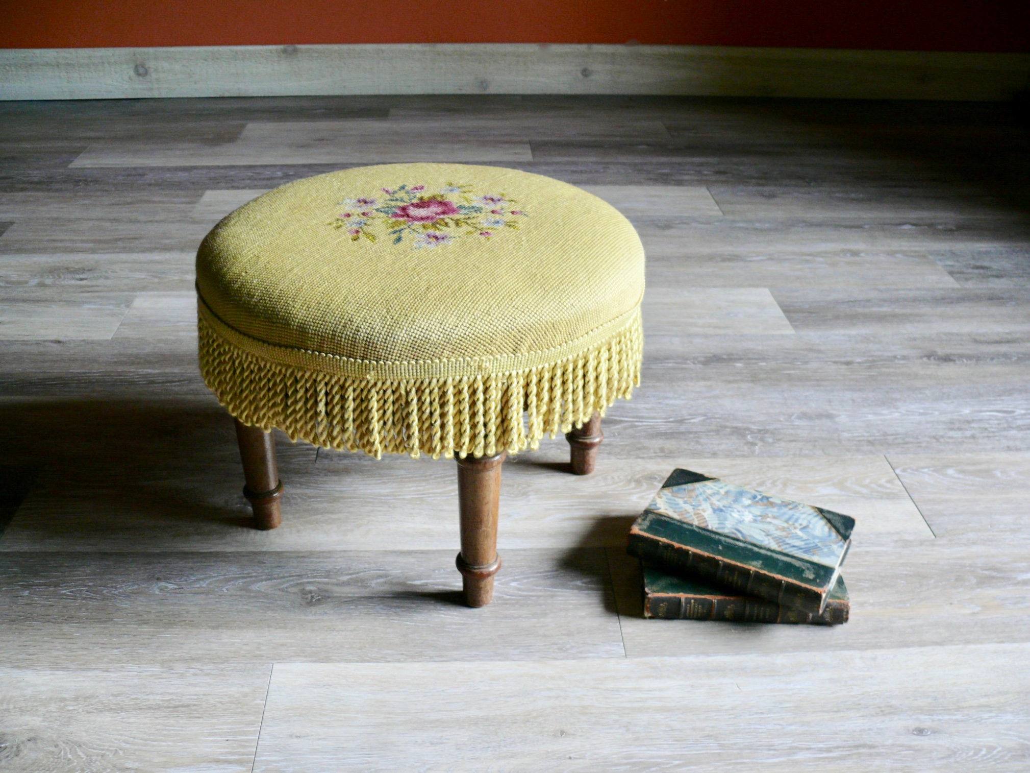 Antique French Victorian Green Floral Needlepoint Oval Mahogany Small  Footstool