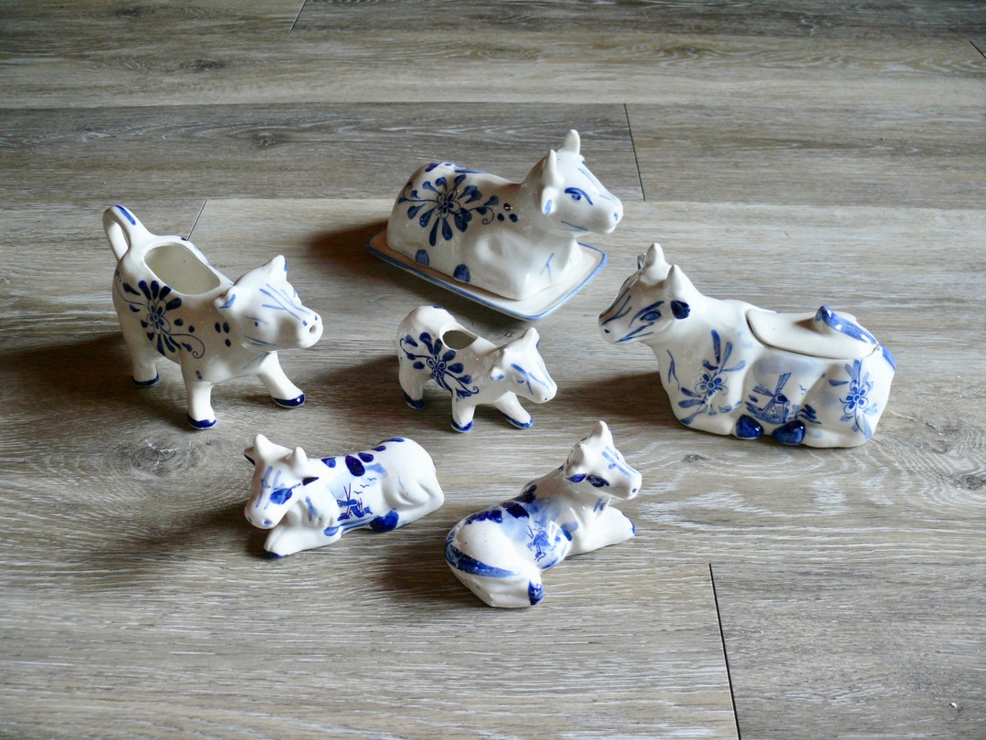 Vintage Blue Delft Holland Cow Serving Set, 6 Pc Dutch Cow Shaped