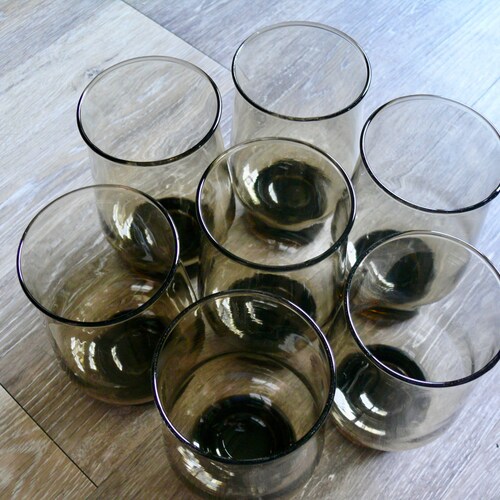 7 Tawny Accent 16oz Flat Tumblers, Vintage Libbey Rock Sharpe Light Brown Footed Cocktail Glasses shops with Square Bowls, Retro Mod Barware