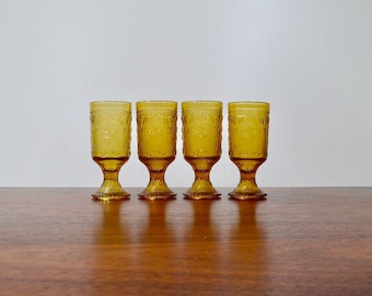 American Concord Amber Goblets, Set of Four, Vintage Brockway Honey Gold Glass Stemmed Drinkware