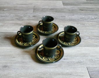 Mikasa Majorca Lodi Flat Cups and Saucers, Set of Four, Vintage 1970s Brown Stoneware