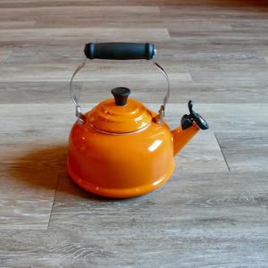 Le Creuset Flame Tea Kettle, Classic Orange Enamel Steel Whistling Teapot, Vintage French Cookware