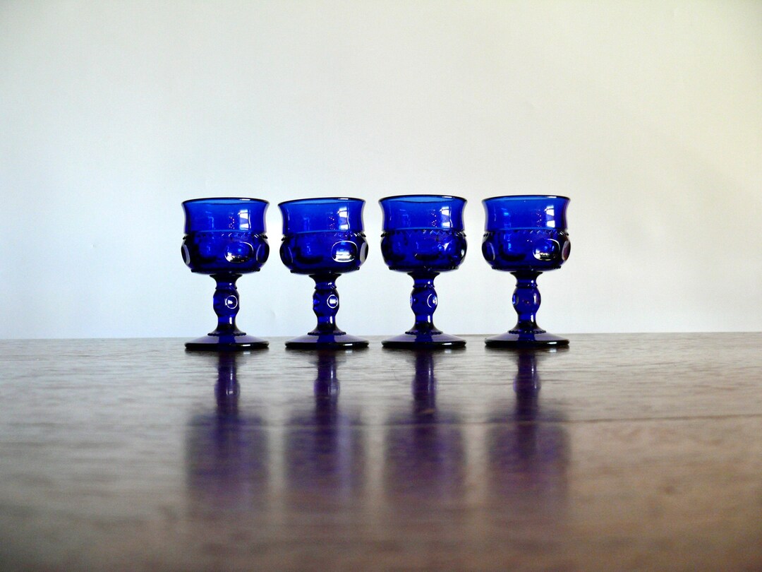 4 Blue Color Crown Liquor Cocktail Glasses, Vintage 3oz Cobalt Blue
