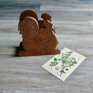Rustic Wood Rooster Letter Postcard Holder, Barnyard Rooster Napkin Holder, Vintage Country Farmhouse Office Desk Accessory