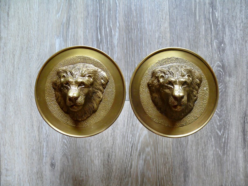 2 vintage Brass Lions Head Medallion Curtain Tie Backs Etsy