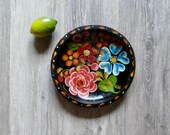 Black Wood Batea Bowl with Bright Tole Hand Painted Flowers, Boho Carved Wood Trinket Dish, Vintage Mexican Folk Art Wall Hanging