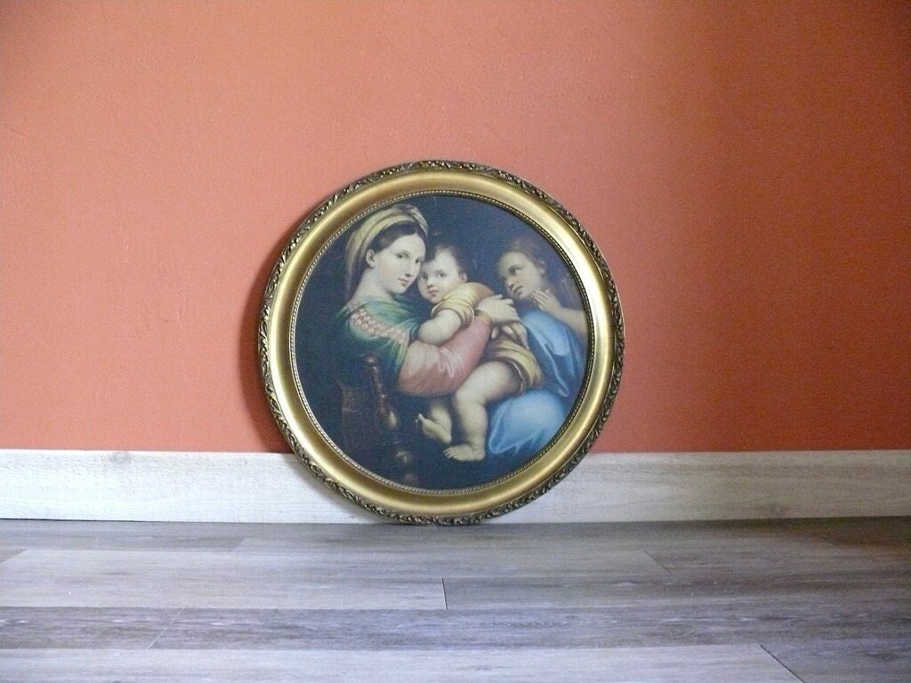 Raphael Madonna of the Chair Lithograph, Vintage Framed Renaissance Art in 25 Inch Gold Frame