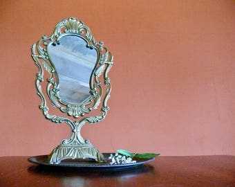 Large 21" Cast Brass Framed Table Mirror, Vintage Ornate Rococo Boudoir Vanity Counter Mirror Made by Mod Depositato Italy