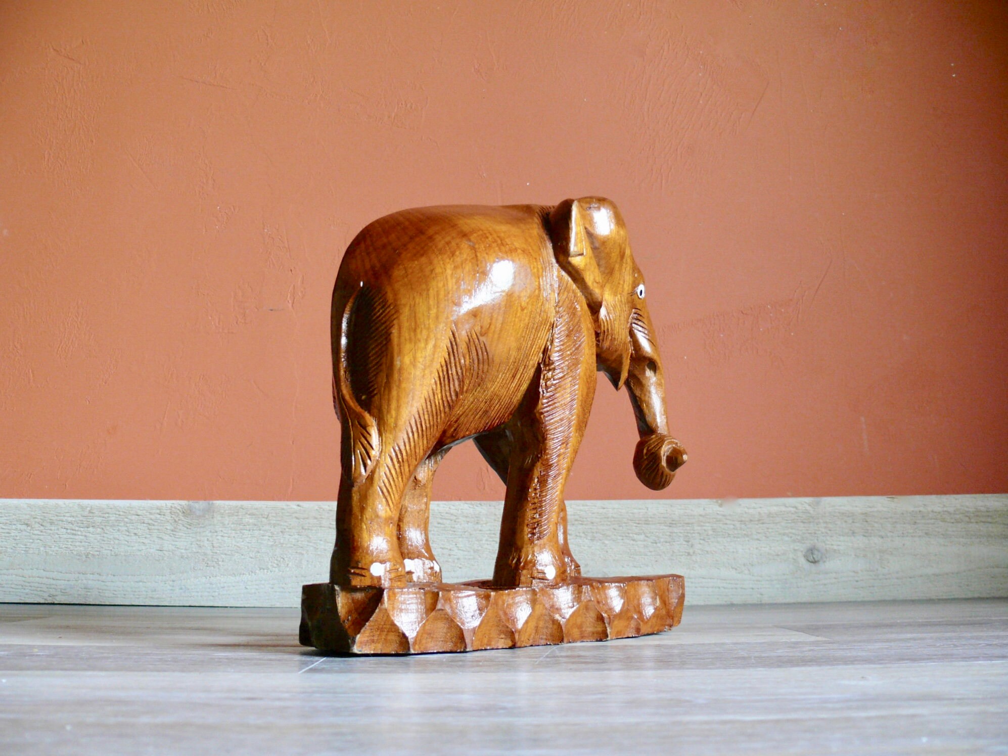 Large Carved Teak Wood Elephant Statue Vintage 12 Solid Etsy