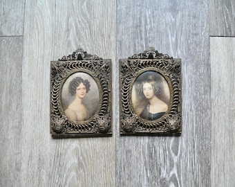 Ornate Victorian Cameo Portrait Plaques, Pierced Filigree Metal Frames, Hollywood Regency Decor