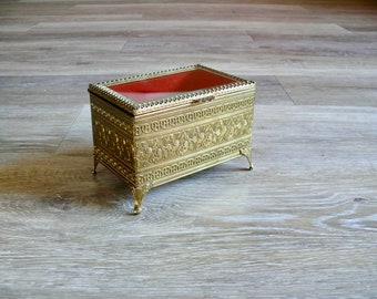 Vintage Gold Ormolu Jewelry Box, Beveled Glass Lid, Red Velvet Interior