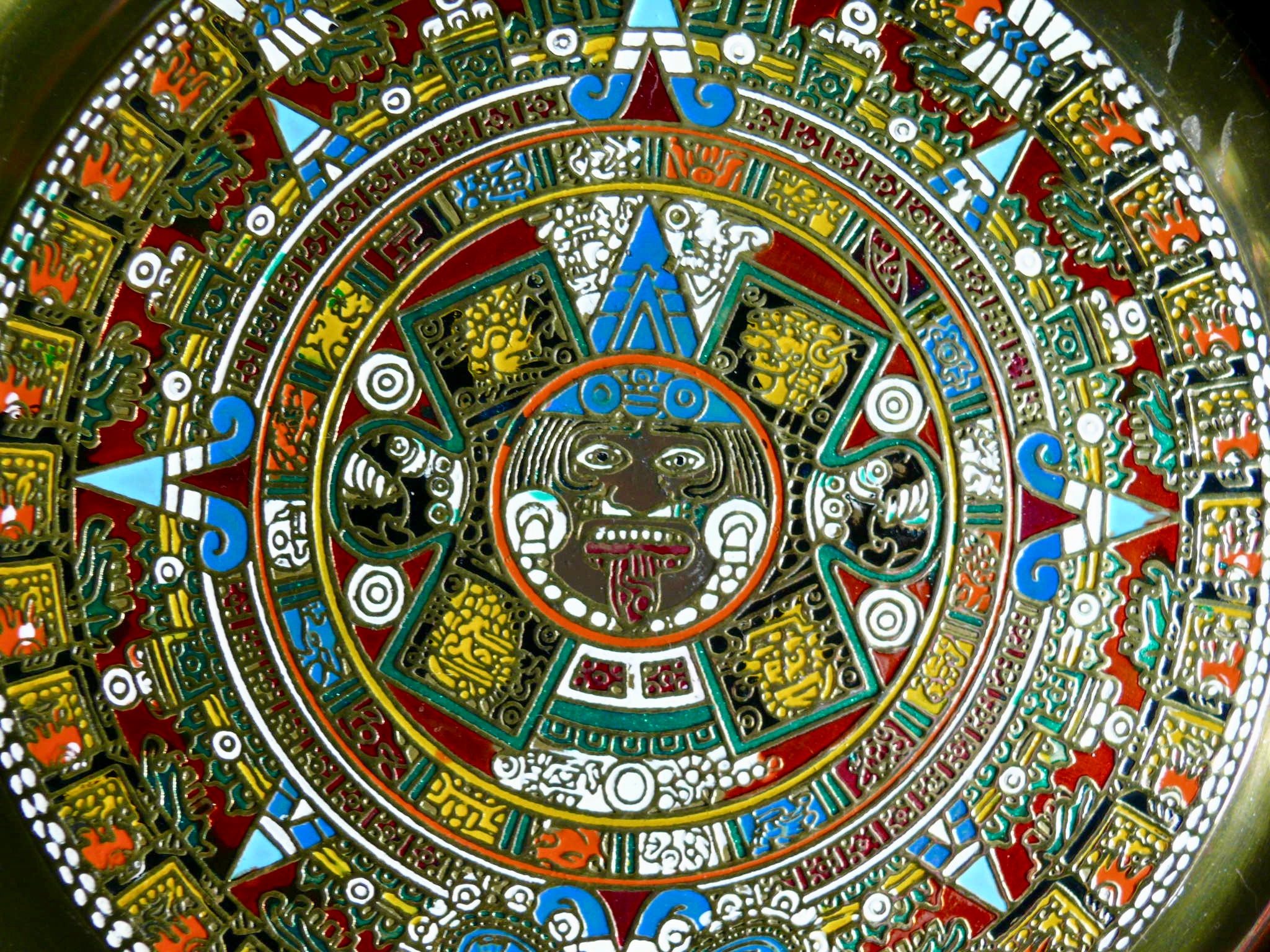 Brass Enamel Aztec Mayan Calendar Wall Tray Blue Red White Etsy