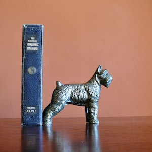 Large Cast Brass Schnauzer Dog Figurine Paperweight, Vintage 8&quot; Standing Scottish Terrier Bookend, Pet Memorial Gift, Shelf Display Decor