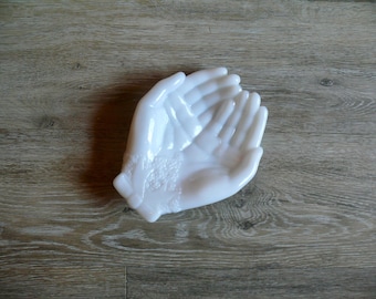 White Milk Glass Open Hands Trinket Dish, Vintage Vanity Ring Holder