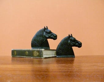 Cast Iron Horse Head Bookends, Vintage Black Stallion Equestrian Decor