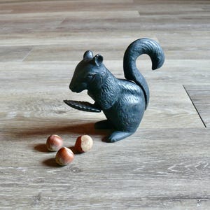May include: A cast iron squirrel nutcracker in a dark gray finish. The squirrel is posed with its tail curled up and holding a nut-cracking plate. Three brown nuts are next to the squirrel on a wooden surface.
