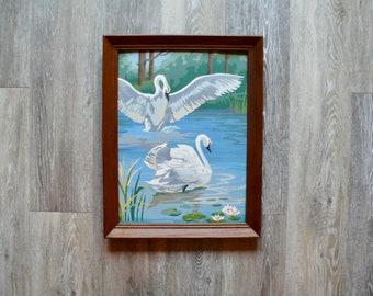 Swimming Swans Paint by Number, Vintage Sixteen Inches Framed Oil Painting with Water Lilies