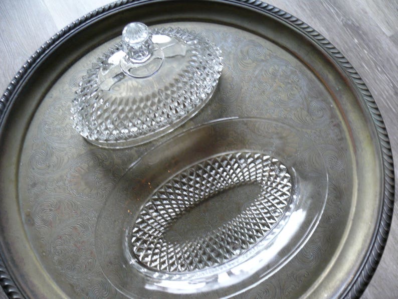 Oval Glass Diamond Point Domed Butter Dish Vintage Indiana Etsy