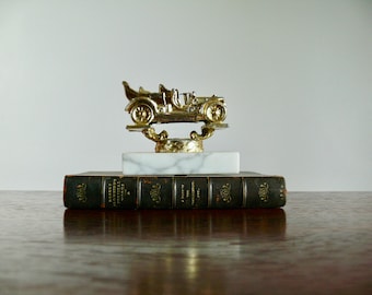 Vintage Metal Antique Car Trophy Topper on White Marble Base, Gold Toned Metal Car Figurine Award Trophy, Old Car Bookshelf Mantel Decor