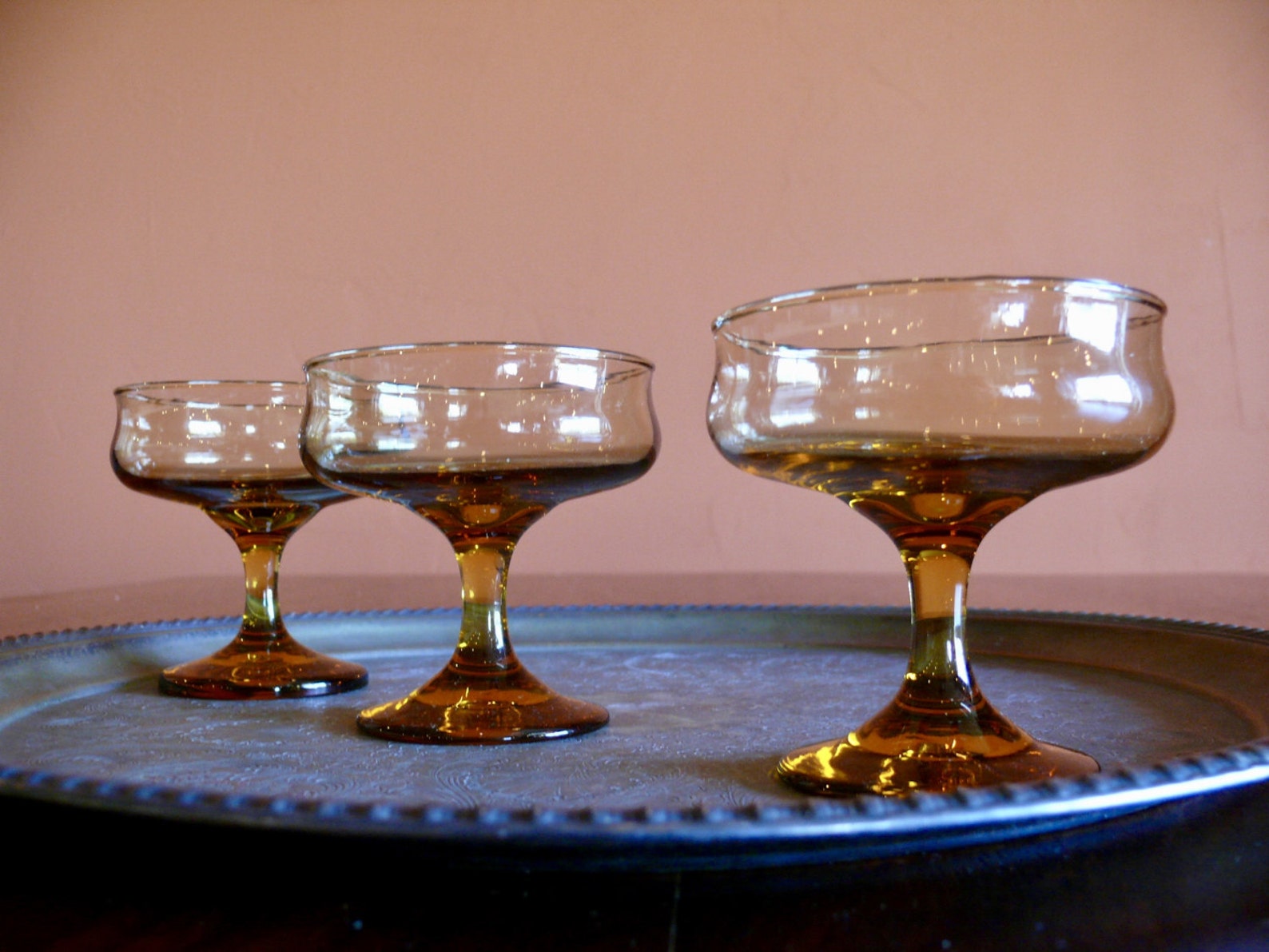 3 Amber Glass Pedestal Dessert Dishes Footed Sherbet Bowls Etsy