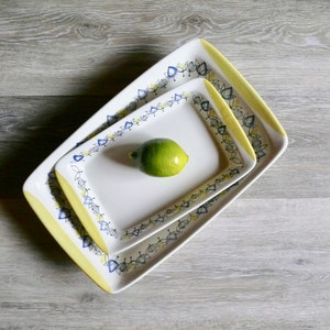 2 Stavangerflint Norway Inger Waage Tulip Baking Dishes, Vintage Blue Yellow Tulip Flamingo Casserole Dishes, 60s Scandanavian Ovenware