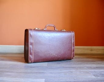 Old 20" Brown Hard Sided Cardboard Suitcase, Vintage Distressed Luggage Storage Decor, Wedding Card Case