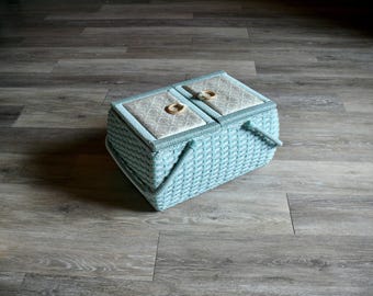 Vintage Aqua Woven Sewing Basket, 1970s Azar Craft Storage Box with Swing Handles