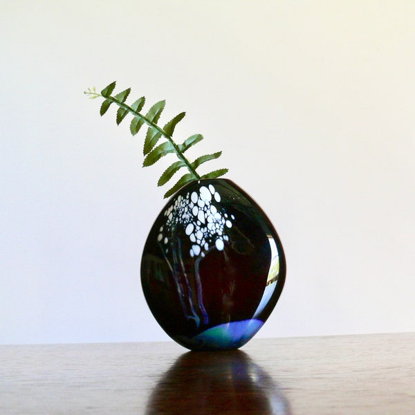 Purple Lustre Art Glass Vase Signed Loren Chapman, Oval Silver Lustre White Millefiori Glass Vase, Vintage Contemporary Studio Glass