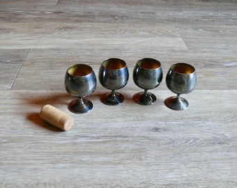 Silverplate Snifter Cordial Glasses, Set of Four, Vintage Gold Interior Barware